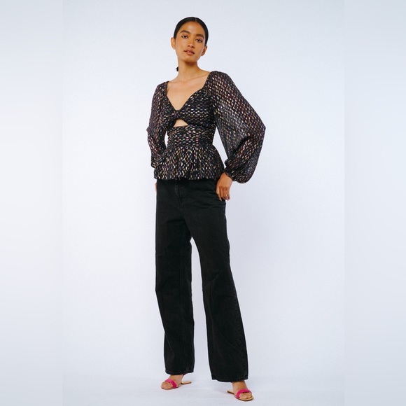 CIEBON Geena Metallic Navy Chiffon Knot Front Long Sleeve Peplum Top XS - Picture 5 of 12